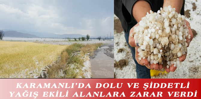 KARAMANLI’DA DOLU VE ŞİDDETLİ YAĞIŞ EKİLİ ALANLARA ZARAR VERDİ