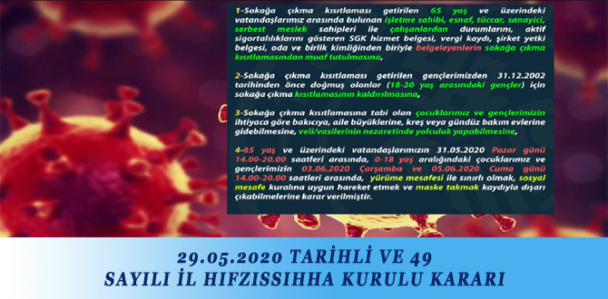 29.05.2020 TARİHLİ VE 49 SAYILI İL HIFZISSIHHA KURULU KARARI