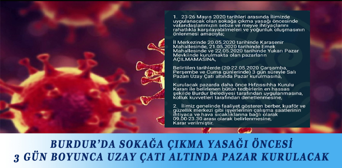 BURDUR’DA SOKAĞA ÇIKMA YASAĞI ÖNCESİ 3 GÜN BOYUNCA UZAY ÇATI ALTINDA PAZAR KURULACAK