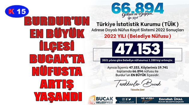 BURDUR’UN EN BÜYÜK İLÇESİ BUCAK’TA NÜFUSTA ARTIŞ YAŞANDI